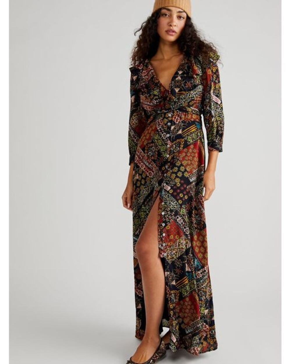 New Free People Lennon Maxi Dress $168 X-SMALL Black Combo Vintage Insp Print